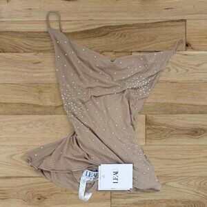LEAU designer Aurelia crystal halter mesh top in nude / beige UNRELEASED